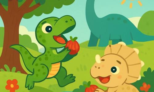 Un pequeño velociraptor llamado Dino, con escamas verdes brillantes y ojos chispeantes de alegría, salta felizmente cerca de un árbol. A su lado, un bebé triceratops llamado Tino, con piel beige y cuernos suaves, mira con una gran sonrisa. Están al borde de un arroyo brillante, donde el agua salpica alegremente. Flores coloridas rodean el lugar, añadiendo toques de rojo y amarillo. La escena principal muestra a Dino y Tino compartiendo jugosas frutas rojas, riendo juntos bajo el sol radiante, mientras un diplodocus amistoso, grande y suave, se encuentra en el fondo, disfrutando de la sombra de un gran árbol.