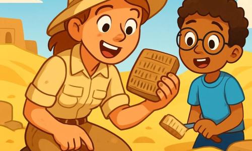 A female archaeologist, Dr. Ava Patel, is depicted with a delighted smile on her face. She wears a beige sun hat, a lightweight short-sleeved shirt, and cargo pants, all covered in sand dust. She is crouching, holding a small trowel in one hand and an ancient clay tablet in the other, uncovering ancient inscriptions. Next to her, her assistant, Jamal, a 10-year-old boy with curly hair and glasses, looks on with wide eyes. He wears a blue t-shirt and shorts, holding a brush to clean artifacts, standing slightly back in admiration. The setting is an archaeological site in the desert, with golden sand dunes stretching as far as the eye can see. Remnants of the ancient city of Uruk are visible, with pieces of broken pottery and carved stones emerging from the ground. The sky is a bright blue with a few white clouds. The main scene shows Dr. Ava discovering an ancient clay tablet, while Jamal enthusiastically encourages her, capturing the excitement of archaeological discovery.