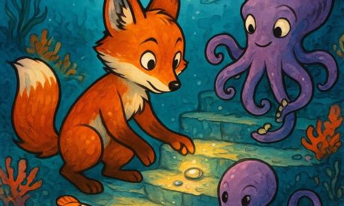 Un zorro antropomorfo rojizo de ojos curiosos, arrodillado en un peldaño de una escalera espiral submarina, coloca guijarros brillantes; un pez payaso naranja y blanco nada junto a él iluminando la escena y señalando dónde poner las piedras; un pulpo púrpura de mirada traviesa ayuda sosteniendo guijarros y estabilizando un peldaño detrás; la escalera de piedra descendente, cubierta de coral colorido y algas ondeantes, con bancos de peces y rayos de luz desde la superficie, revela progresivamente la 