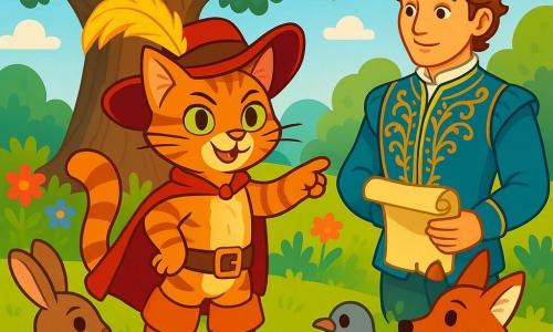 El Gato con Botas, un gato elegante con pelaje atigrado y botas brillantes, se encuentra orgullosamente en el centro de la escena, mostrando una expresión decidida y valiente. Sus grandes ojos verdes brillan con inteligencia mientras levanta una pata para señalar a un grupo de animales reunidos a su alrededor. A su lado, el Marqués de Carabás, un joven de unos 25 años, vestido con un traje ricamente bordado, mira al Gato con admiración. Sostiene un pergamino en una mano, listo para llamar al rey. Al fondo, un viejo roble majestuoso, con su tronco ancho y ramas frondosas, se alza en un claro soleado, rodeado de flores coloridas y animales curiosos. La escena muestra al Gato con Botas reuniendo a los animales del bosque para discutir la protección de su hábitat, mientras el Marqués escucha atentamente, preparado para actuar y salvar el reino.