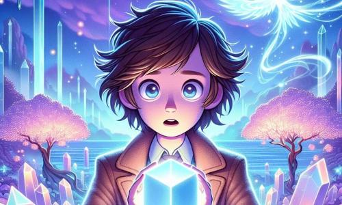 Un chico de 12 años, Rodrigo, con cabello castaño desordenado y ojos brillantes de curiosidad, se encuentra en el centro de la escena, con el rostro iluminado por una mezcla de asombro y emoción. Sostiene un cubo metálico brillante, el Mubius, que emite una suave luz azulada. A su lado, Luxara, una criatura de luz flotante, toma la forma de una nube iridiscente, cambiando de color con destellos brillantes, y parece animarlo con una voz suave y melodiosa. El escenario es un paisaje fantástico, donde colinas de cristal brillan bajo un cielo violeta, salpicado de estrellas brillantes. Árboles flotantes con hojas luminosas bailan suavemente en un viento invisible, creando una atmósfera mágica y surrealista. La escena principal muestra a Rodrigo activando el Mubius, mientras una puerta etérea se abre frente a él, revelando un mundo fascinante y misterioso. El aire vibra a su alrededor y destellos de luz giran, creando una atmósfera cautivadora e intrigante.