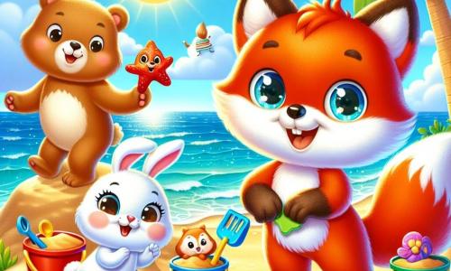 Un pequeño zorro rojo con ojos brillantes y una sonrisa alegre está en una playa soleada, construyendo un castillo de arena con cubos y palas de colores. A su lado, un adorable conejo blanco con grandes orejas y una cara curiosa observa, con los ojos muy abiertos de sorpresa, sosteniendo una pequeña estrella de mar con sus patas. Un oso marrón, robusto y amistoso, está un poco más lejos, riendo y moviendo los brazos en el aire, mientras una ardilla rápida, con una cola esponjosa y ojos traviesos, trepa por una palmera, lista para saltar hacia la playa. El cielo es de un azul brillante, salpicado de nubes blancas y esponjosas, y las olas del mar brillan bajo el sol dorado. Los amigos se divierten juntos, creando recuerdos alegres de un perfecto día de verano.