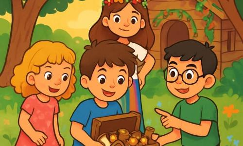 Hay 4 niños: - Martín: un chico de 10 años, con cabello castaño desordenado y ojos llenos de curiosidad. Lleva una camiseta azul y un pantalón corto beige. Está en el centro, sosteniendo una caja antigua. - Elena: una niña de 9 años, con cabello rizado y dorado, que lleva un vestido rosa con flores. Está a la izquierda de Martín, mirando la caja con asombro. - Lucas: un chico de 10 años, con cabello negro y gafas redondas. Lleva una camiseta verde y jeans. Está a la derecha de Martín, sonriendo y señalando la caja. - Sofía: una niña de 9 años, con cabello castaño y una corona de flores en la cabeza. Lleva una blusa blanca y un pantalón colorido. Está detrás de Martín, con las manos en las caderas, lista para explorar. El lugar es un jardín de una casa antigua, rodeado de grandes árboles con hojas verdes brillantes. El suelo está cubierto de flores coloridas y una suave luz del sol filtra a través de las ramas, creando una atmósfera mágica y cálida. En el fondo, se ve una pequeña cabaña de madera, adornada con lianas florecidas. La situación principal muestra a los niños descubriendo una caja misteriosa llena de objetos antiguos. Están todos fascinados por el contenido, con sus rostros iluminados por la emoción y la curiosidad, listos para vivir una aventura inolvidable.