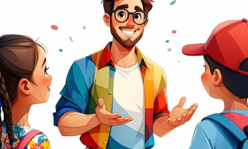 Ein lächelnder Mann in den Vierzigern mit leicht lockigem braunem Haar und runden Brillen steht im Zentrum des Bildes. Er trägt ein buntes Hemd und beige Hosen und spricht begeistert mit einer Gruppe von Kindern. Seine Augen strahlen Freude und Freundlichkeit aus und zeigen sein Engagement, die Bedeutung des Friedens zu lehren. Neben ihm hört ein 10-jähriges Mädchen mit langen geflochtenen Haaren und einem T-Shirt mit Blumenmuster aufmerksam zu, voller Bewunderung. Ein 9-jähriger Junge mit einer roten Mütze und blauen Shorts steht etwas im Hintergrund, lächelt aber und ist gespannt darauf, seine Konflikterfahrungen mit seinen Freunden zu teilen. Der Hintergrund ist ein heller Klassenraum mit bunten Wänden, Friedensplakaten und Kinderzeichnungen. Holztische sind im Kreis angeordnet, was eine warme und einladende Atmosphäre schafft. Die Hauptsituation zeigt den Mann, der den Kindern beibringt, wie man Konflikte durch Kommunikation und Empathie löst, während sie ihre eigenen Geschichten über Streitereien und Versöhnungen teilen und so einen Moment des Lernens und der Kameradschaft schaffen.