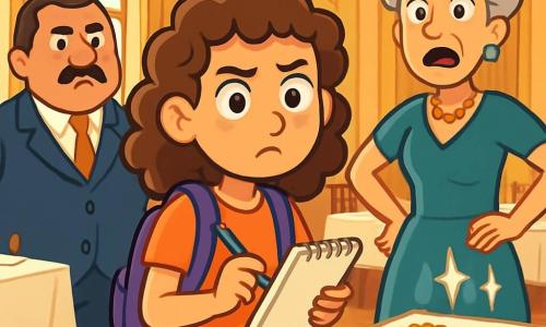 Lotte, een tienjarig meisje met krullend kastanjebruin haar en nieuwsgierige ogen, staat in het midden van de scène, vastberaden en een beetje bezorgd, met een notitieboekje en een pen in de hand, klaar om het mysterie van de diefstal op te lossen. Rechts van haar staat mevrouw Van Dalen, een vrouw van ongeveer vijftig jaar met grijs haar in een knot en een elegante jurk, met haar handen op de heupen en een paniekerige uitdrukking, omringd door glinsterende sieraden op de tafel. Links kijkt de hotelmanager, een corpulente man met een verzorgde snor, serieus om zich heen en probeert de controle over de situatie te behouden. De scène speelt zich af in een grote eetzaal van een oud hotel, met muren versierd met verguldingen, grote ramen die licht binnenlaten, en lange tafels bedekt met witte tafelkleden en zilveren bestek. Lotte, vastbesloten om het mysterie op te lossen, observeert de bezorgde gezichten van de gasten en inspecteert de tafel waar de waardevolle ketting is verdwenen, terwijl lichtflitsen op de overgebleven sieraden schitteren, wat een intrigerende en gespannen sfeer creëert.