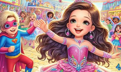 Una bambina di 6 anni, Lila, con lunghi capelli castani e occhi scintillanti, indossa un costume rosa brillante decorato con paillettes e piccole farfalle colorate che volano intorno a lei. Sorride meravigliata, ballando gioiosamente in mezzo alla folla del carnevale. Accanto a lei, un ragazzo di 7 anni di nome Marco, vestito con un costume da supereroe blu e rosso, con un mantello svolazzante, applaude e ride mentre balla. Ha i capelli biondi e occhi blu, e si tiene leggermente indietro, ma si piega in avanti per condividere la gioia di Lila. Lo sfondo è una piazza animata, piena di colori vivaci e decorazioni di carnevale: palloncini, festoni scintillanti e chioschi di dolci. Persone in costume ballano e ridono intorno a loro, creando un'atmosfera festosa. La scena principale mostra Lila e Marco, mano nella mano, che ballano insieme sotto un cielo blu, mentre un mago su un grande carro colorato lancia coriandoli in aria, aggiungendo magia al momento.