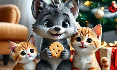 Un piccolo lupo di peluche realistico grigio chiaro con occhi lucidi e sorriso tenero che regge un biscotto dorato accanto a un grande albero di Natale; un gattino rotondo e soffice dal pelo rossiccio che fa le fusa e si strofina contro le gambe del lupo a sinistra; una mamma lupa rotonda dal pelo crema seduta su una poltrona vicino alla finestra che guarda la scena con tenerezza; un minuscolo passerotto azzurro su un ramo dell'albero inclinato verso il lupo; interno di un salotto natalizio accogliente con pareti di legno chiaro, tappeto rosso e alcuni regali, fuori dalla finestra una notte invernale con neve che scende; atmosfera calda, dorata e rassicurante, composizione centrata sul gesto di condivisione, stile 3D da film d'animazione per bambini con forme tonde, texture peluche morbide, colori caldi, contrasti morbidi e illuminazione soffusa.
