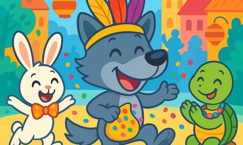 A joyful little wolf with a colorful feathered hat and a big smile, holding a pouch full of multicolored confetti, dances in the center of a lively square. To his right, a wise turtle with pearl necklaces, smiling and clapping, sits on a small stool. To his left, a big-eared rabbit wearing a shiny bowtie jumps for joy, eyes sparkling with excitement. The festive square is adorned with colorful garlands, twinkling lanterns, and vibrant flowers, where forest animals gather to celebrate the carnival. The scene shows the little wolf sharing handfuls of confetti with his friends, creating a shower of bright colors around them, while cheerful music resonates in the air.