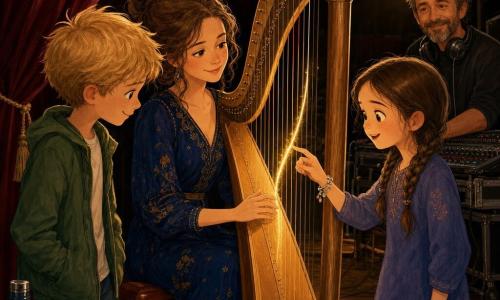 Zangeres-muzikante met zacht glimlachend gezicht en vriendelijke blik, lichtbruin haar in losse knot, diepblauwe jurk met gouden accenten, zittend op een houten krukje terwijl ze een grote gouden harp streelt; ze heeft een rustige, warme houding en delicate handen op de snaren. Meisje van ongeveer 8 jaar (Noor) met bruine vlechten en verwonderde ogen, rechts van de harpiste, raakt met haar wijsvinger een snaar aan en glimlacht. Jongen van ongeveer 9 jaar (Bram) met warrig blond haar en handen in de zakken van een groene jas, links van de harpiste, kijkt gebogen naar de trillende snaar met een nieuwsgierige, verheugde uitdrukking. Volwassen man (geluidsman) tegen de vijftig, korte baard, hoofdtelefoon om de hals, op de achtergrond bij een mengtafel, kijkt met een kleine glimlach toe, klaar om te helpen. Decor: warme coulissen met donkerrode fluwelen gordijnen, gelakte houten vloer, zachte gouden lamplicht, een fles water en verspreide bladmuziek op een kleine tafel. Sfeervol intiem na het concert: de musicienne toont de harp aan de kinderen, glanzende snaren waarbij één trillende snaar een lichte spoor laat, magische, rustige en gezamenlijke sfeer met nadruk op hout-, metaal- en fluweeltexturen.