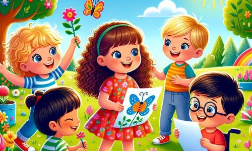 En un parque soleado, seis amigos juegan alegremente juntos. Sofía, una niña de cabello castaño y rizado, lleva un vestido rojo con flores y sostiene una flor de papel en la mano. A su lado, Lucas, un niño de cabello rubio y corto, viste una camiseta azul y sonríe mientras sostiene una marioneta en forma de mariposa. Mateo, un niño de cabello castaño, está en su silla de ruedas, vestido con una camiseta amarilla, y observa maravillado una mariposa que vuela a su alrededor. Valentina, una niña de cabello largo y liso, lleva una falda rosa y se emociona con una flor que ha encontrado. Tomás, un niño con gafas y cabello negro, dibuja en un cuaderno, vestido con una camiseta verde. Finalmente, Ana, una niña de cabello rojo, lleva un overol de mezclilla y sostiene una pequeña caja llena de tesoros de primavera. El parque está lleno de flores coloridas, grandes árboles con hojas verdes brillantes y un cielo azul salpicado de nubes blancas. Las risas de los niños resuenan en el aire fresco y perfumado de flores. Los amigos organizan una fiesta de primavera, donde juegan, hacen decoraciones de papel y exploran la belleza de la naturaleza que los rodea.