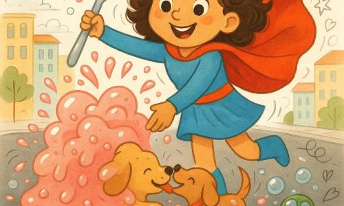 Radiant female superhero with curly brown hair, red cape and shiny blue boots stirs pink jelly with a large silver spoon, sending bubbles flying; a caramel puppy covered in jelly sits on the sunny urban street, wagging and licking her hand; small colorful cars wrapped in translucent bubbles roll around amid pastel low buildings, wide sidewalks, garlands, round lampposts, pink jelly splashes and shiny asphalt reflections—joyful, dynamic scene of cape motion and bursting bubbles.