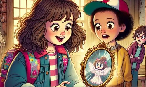 A 12-year-old girl, Lily, stands in the center of the image, her eyes wide with curiosity and excitement. She has messy long brown hair, a worn denim jacket, and a colorful backpack hanging from her shoulder. She gazes in wonder at an ancient mirror that glows with a mysterious light, her hand reaching toward its surface. Next to her, her best friend Mia, also 12, has short curly hair topped with a bright pink beanie. She wears a fearful and worried expression, standing slightly back with her arms crossed, as if hesitating to approach the mirror. The setting is an old abandoned house, with decrepit wooden walls, cobwebs in the corners, and furniture covered with white sheets. Light filters through broken windows, casting dancing shadows on the dusty floor. The main focus shows Lily, fascinated by the mirror, while a nervous Mia looks around as if expecting a spirit to emerge from the shadows. The atmosphere is filled with mystery and slight tension, capturing the essence of a spooky adventure.