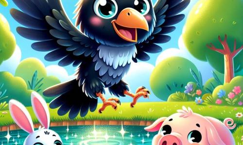 A shiny black-feathered crow, with sparkling curious eyes, joyfully flies over a pond. It has a wide smile and seems very excited, its wings energetically spread. Nearby, a small rabbit with large white ears and soft, fluffy fur watches the crow with admiration, sitting on the green grass. A pink pig, rolling in the mud, lifts its head with an amused expression, its round pink cheeks splattered with dirt. The pond sparkles under the sun, surrounded by colorful flowers and tall trees with green leaves. The crow, in search of a lost hat, scrutinizes the water with determination, ready to uncover the mystery surrounding it.