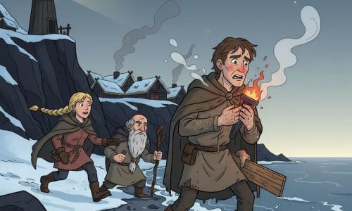 Einar, a gaunt young man with wind‑reddened cheekbones and wet brown hair, arrives at the narrow pebble shore at dusk, exhausted but determined, clutching a hot iron torch to his chest under a soaked wool coat and a straight wooden board at his hip; Astrid, a woman of about 30 with braided blond hair, slips on the snow as she runs from the beach, coat open to reveal mittens and a rope at her belt, while Torfi, an elderly man with a wispy grey beard and a stern but kind expression, stands back on the beach gripping a staff and watching; behind them a small village of smoky, thatched wooden houses and a wooden lighthouse atop a black cliff overlook foaming waves under a grey‑blue sky with a pale band of light, villagers gather in the background, visible breath and the warm flare of the torch contrasting with the cold.