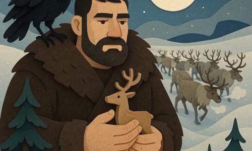 About 35-year-old Einar, square-faced with a dark beard and calm eyes, watches a procession of about twenty reindeer with a resolute, moved expression; he wears a dark thick fur coat, snow-covered boots, and holds a small wooden reindeer trophy to his chest. A glossy black raven perches on his right shoulder, wings half-open and alert. The reindeer move single-file through a snowy valley under a large full moon, their grey-brown pelts and branching antlers visible in breathy clouds; rolling hills sparkle with ice crystals, three twisted pines stand in the foreground and a split rock silhouette marks the horizon beneath an indigo, starry sky. Einar stands at the edge of a trail of tracks, respectfully observing the silent, magical moonlit procession, with sharp contrasts and layered textures reminiscent of cut-paper art.