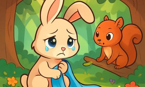 Willow, a small rabbit with big ears, sits on a carpet of wildflowers, holding a soft blue scarf that flutters gently in the wind. Her face shows deep sadness, with bright eyes and tears ready to fall. Next to her, Milo, a squirrel with reddish fur and sparkling eyes, looks at Willow with compassion, his small paws resting on a low branch of a tree. He appears worried but determined to support his friend. The setting is an enchanted forest, with majestic trees, thick trunks, and vibrant green leaves, while rays of sunlight pierce through the foliage, creating patterns of shadow and light on the ground. The scene depicts Willow and Milo sitting together, surrounded by colorful flowers, in a moment of silent sharing where friendship and understanding blend with melancholy.
