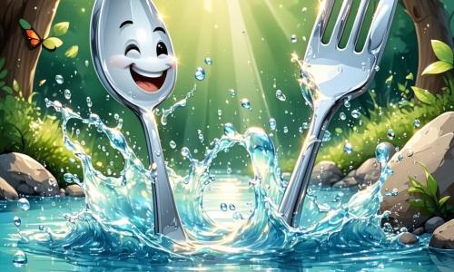 En el centro de la imagen, una cuchara sonriente llamada Cuchi, con un rostro alegre y ojos brillantes, brilla bajo el sol. Está saltando en el agua de un arroyo, salpicando gotas a su alrededor. Junto a ella, un tenedor travieso llamado Tino, con puntas plateadas y una gran sonrisa, está haciendo muecas mientras intenta atrapar una pequeña piedra brillante que rueda cerca del agua. El escenario es un prado verde, lleno de flores coloridas y árboles majestuosos, con un arroyo cristalino que serpentea por el paisaje, el sol brillando en un cielo azul claro. La situación principal muestra a Cuchi y Tino jugando juntos, riendo mientras caen al agua, creando salpicaduras alegres y burbujas a su alrededor, capturando el espíritu de la amistad y la aventura.