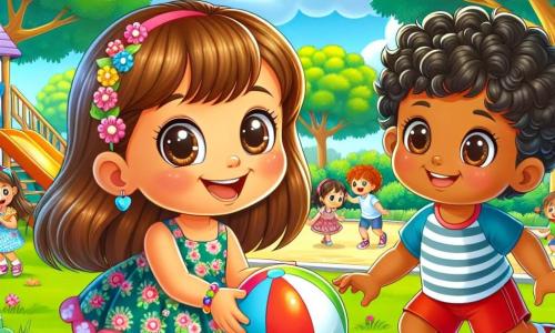 Una niña de 6 años, llamada Sofía, con largos cabellos castaños y ojos llenos de curiosidad, sonríe alegremente mientras juega con una pelota colorida en un parque soleado. Lleva un vestido de flores y sandalias, y su rostro expresa entusiasmo y amistad. A su lado, Amir, un niño de 6 años, tiene piel morena y cabello negro rizado. También sonríe, sosteniendo la pelota con una mano, listo para jugar. Amir lleva una camiseta azul y un pantalón corto rojo, y se mantiene ligeramente atrás, observando a Sofía con admiración. El parque está lleno de árboles verdes, flores coloridas y un gran tobogán de madera. El cielo es azul con algunas nubes blancas, y niños juegan a lo lejos, creando una atmósfera alegre y acogedora. La escena principal muestra a Sofía y Amir jugando juntos, aprendiendo palabras en sus respectivos idiomas, rodeados de otros niños que los miran con curiosidad, ilustrando así el tema de la tolerancia y la amistad.