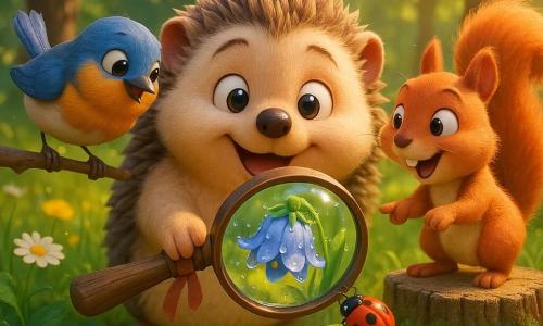 Bramble, a young round soft hedgehog with bright eyes and a quivering snout, smiling and amazed, holds a wooden-handled magnifying glass tied with a ribbon and examines a dewy bluebell up close; Robin, a small blue-and-orange warbler, perches on a left branch tilting its head to look through the glass; Squirrel, a red rodent with a bushy tail, perches on a stump to the right pointing at a black-spotted ladybug. Sunny clearing surrounded by tall oaks, vivid tall grass dotted with white daisies and buttercups, emerald moss and wild blueberries and strawberries near the stump, golden sunbeams filtering through leaves with sparkling dust motes. Main scene: friends share the magnifying glass to observe spring wonders—dewy blue flowers, a ladybug on a leaf, visible petals and pollen in close-up—warm atmosphere, saturated colors, soft light, composition centered on the magnifying glass and their amazed faces.