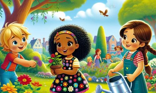 Branca-Neve, uma jovem de pele clara e cabelos negros como ébano, está no centro da imagem, sorridente e cheia de alegria. Ela usa um vestido colorido decorado com flores, seus olhos brilhantes refletem bondade e entusiasmo. Ela está plantando flores em um parque, cercada por crianças. Entre elas, um menino de 8 anos, com cabelos loiros e olhos brilhantes, segura uma pá e ajuda a cavar um buraco para uma nova planta. Ao lado dele, uma menina de 7 anos, com tranças castanhas e um sorriso radiante, segura um regador, pronta para dar água às flores recém-plantadas. O local é um parque ensolarado, repleto de vegetação luxuriante e flores coloridas. Árvores majestosas cercam o caminho, e pássaros cantam alegremente nos galhos. O céu é de um azul vibrante, salpicado de algumas nuvens brancas fofas. A cena principal mostra Branca-Neve e as crianças trabalhando juntas para transformar o parque em um lugar mágico, cheio de vida e cores, ilustrando o espírito de cooperação e camaradagem.