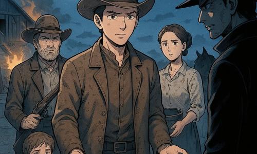 Een rustige maar déterminée Jeb Calder, smal gezicht, versleten cowboyhoed en stoffige bruine jas, staat in het midden van de binnenplaats met handen open en geconcentreerde blik; naast hem Hank Larkins (±50), breed, korte grijze baard, geweer op de schouder, beschermende uitdrukking; iets achter Hank Tessa (±30) met opgestoken haar en vuile blouse, een emmer water klaar; nabij de schuurpoort zit de gewonde tiener Eli (±15) met verband en bezorgde blik; tegenover hen Crowder in een donkere mantel op een zwart paard, arrogante, dreigende houding; locatie: nachtelijke ranch binnenplaats onder een koude volle maan, aangedoofde houtschuur met smeulende vlammen, aarde en stro op de grond, schijnende waterpomp; scène: gespannen, stille confrontatie in contrast van licht en schaduw, de groep in een lijn van solidariteit.