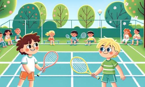 In einem schönen sonnigen Park spielen zwei Jungen Tennis. Max, ein 10-jähriger Junge mit zerzausten braunen Haaren und einem strahlenden Lächeln, hält ein buntes Tennisdiagramm in den Händen. Neben ihm ist Leo, ein weiterer 10-jähriger Junge mit blonden Haaren und runden Brillen, bereit, den Ball zu fangen. Sie stehen auf einem Tennisplatz, umgeben von Grün, mit blühenden Bäumen und einem hellblauen Himmel im Hintergrund. Max steht links, konzentriert auf das Spiel, während Leo rechts mit erhobenen Armen bereit ist, den Ball zu schlagen. In der Mitte schwebt ein kleiner gelber Tennisball in der Luft und fängt den Moment der Aktion ein. Der Platz ist durch weiße Linien abgegrenzt, und fröhliche Zuschauer, Kinder und Eltern, stehen im Hintergrund, applaudieren und feuern die beiden Freunde an.