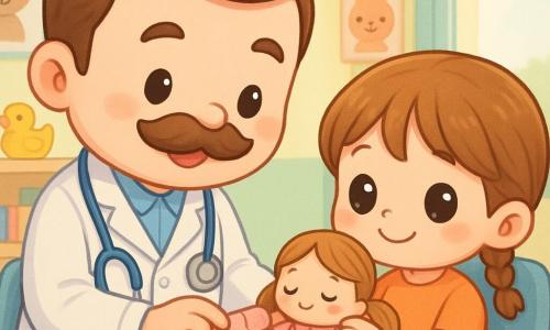 Un hombre, el doctor Marcos, sonriente y amable, con gran bigote suave y pelo castaño peinado, lleva bata blanca y estetoscopio azul y coloca delicadamente un pequeño vendaje rosa en una muñeca; a su derecha, una niña de unos 5 años, Ana, con dos coletas castañas claras, ojos grandes y sonrisa tímida, sostiene la muñeca de tela con vestido rosa y un corazón cosido en el pecho; fondo: sala de examen infantil en tonos pastel amarillo y verde con pósters de animales, estantería con juguetes y una gran ventana que deja entrar luz suave; escena cálida y reconfortante, colores vivos y contornos redondeados, estilo chibi kawaii con proporciones adorables, ojos grandes y detalles simples.