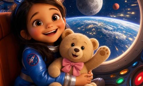 A young, brave smiling girl with bright eyes and rosy cheeks wears a shiny blue spacesuit and silver boots, clutching a small beige teddy named Fluff with a pink bow that raises a paw; they sit in a colorful round rocket cabin with glowing red and green buttons, orange padded seats and a large circular window showing the blue-and-white Earth below, sparkling stars, a nearby gray moon and distant red Mars as the rocket gently lifts off with streaks of light, creating a warm, safe, and wondrous atmosphere.