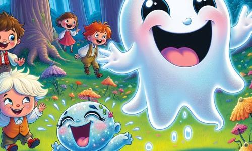 Un piccolo fantasma di nome Spettrino, allegro e traslucido, fluttua nell'aria con un grande sorriso. Ha occhi rotondi e scintillanti e piccole mani che si agitano mentre racconta una barzelletta. Accanto a lui, Fuffolo, un piccolo mostro blu con pelle lucida e occhi enormi, ride a crepapelle, mostrando i suoi denti bianchi e aguzzi. Ha braccia corte e zampe paffute, e si tiene la pancia dal ridere. Il decor è un prato incantato di Gigglylandia, circondato da alberi giganti dai tronchi colorati e fiori cantanti che danzano al vento. Il suolo è coperto da un'erba verde brillante, punteggiata di petali multicolori. La scena principale mostra Spettrino e Fuffolo che condividono barzellette con un gruppo di bambini felici, tutti di circa 7-9 anni. Una bambina dai capelli ricci e biondi, con un vestito rosa, scoppia a ridere, mentre un ragazzo con occhiali e capelli castani, vestito con una maglietta blu, cerca di trattenere il respiro tanto ride. Sono seduti sull'erba, catturati dalle storie divertenti dei due amici.