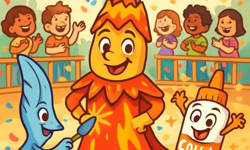 Mat, una giovane matita sorridente e vivace, è travestito da un magnifico vulcano in eruzione, con colori vivaci di rosso e arancione e dettagli di fumo grigio che fuoriesce dalla cima. Si trova al centro di una scena animata, irradiando orgoglio ed entusiasmo. Accanto a lui, Pennina, una elegante penna stilizzata, sta dipingendo lampi di luce sul costume di Mat, i suoi occhi brillano di creatività. Colla, una piccola bottiglia di colla gioiosa, salta di gioia, circondata da glitter dorati, aggiungendo un tocco di magia all'atmosfera. Il decor è un corteo di carnevale vibrante, pieno di colori brillanti, bandierine fluttuanti e coriandoli nell'aria, con bambini che ridono e ballano intorno a loro. La scena è immersa nella luce, creando un'atmosfera festosa e gioiosa. Mat, circondato dai suoi amici, sfilano con sicurezza sulla passerella, mentre la folla applaude con entusiasmo, celebrando la creatività e l'amicizia al centro di questo carnevale incantevole.