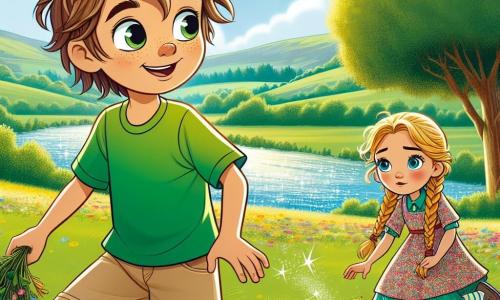 Een 12-jarig jongetje, Jonas, met tousled bruin haar en nieuwsgierige ogen, staat in het midden van een bloeiende weide. Hij draagt een felgroen t-shirt en een beige short, zijn gezicht straalt van opwinding en vastberadenheid. Naast hem staat een 12-jarig meisje, Anna, met gevlochten blond haar en een warme glimlach, die met een nieuwsgierige blik naar een boom kijkt. Ze draagt een kleurrijke bloemenjurk en leunt iets naar Jonas toe, terwijl ze zijn enthousiasme deelt. De omgeving is een groene weide vol met bloemen in alle kleuren, onder een helderblauwe lucht met enkele donzige witte wolken. In de verte ziet men een glinsterende rivier die door het landschap slingert, omringd door majestueuze bomen. De belangrijkste situatie toont Jonas die een plastic zak opruimt die door de lucht zweeft, vastbesloten om de natuur schoon te houden, terwijl Anna hem aanmoedigt met een bewonderende blik.
