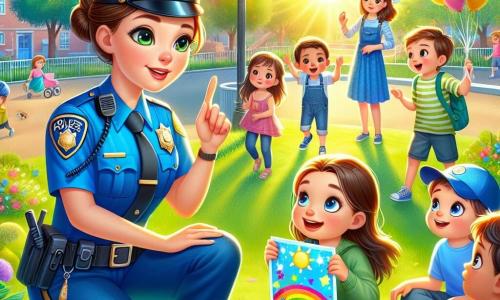In the center of the image, we see Officer Lily, a smiling policewoman in her 30s with brown hair tied in a bun. She wears a bright blue uniform with a shiny badge on her chest. Her face shows determination and kindness as she kneels to talk to a group of children. To her right, Jamie, a 10-year-old boy with messy brown hair and sparkling eyes, holds a colorful safety poster. He smiles enthusiastically, looking at Officer Lily with admiration. In the background, a group of five children aged 8 to 12 listens attentively, their faces lit up with excitement. Some hold safety board games, while others draw posters about respect and kindness. The setting is a green park bathed in the golden light of the setting sun, surrounded by vibrant trees and colorful flowers. Balloons float in the air, and families stroll by, creating a joyful and welcoming atmosphere. The main scene shows Officer Lily sharing stories of courage and safety with the children, encouraging them to be heroes in their community while promoting acts of kindness.