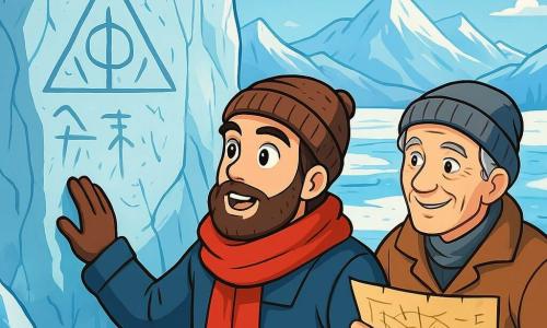 Un hombre explorador de unos treinta años, con barba castaña y ojos llenos de curiosidad, se encuentra frente a una inmensa pared de hielo. Lleva un abrigo grueso de color azul marino, una bufanda roja y un gorro de lana. Su expresión es de asombro y determinación mientras observa los símbolos grabados en la roca. Cerca, un viejo guía de unos 60 años con cabello gris y un rostro arrugado se inclina sobre un mapa antiguo, mostrando líneas y marcas misteriosas. Sonríe con benevolencia, como si compartiera un secreto con el explorador. El paisaje es un vasto glaciar, con majestuosas montañas al fondo, cristales de hielo brillando bajo el sol y un cielo azul claro con nubes blancas. Las fisuras en el hielo crean reflejos luminosos, mientras un arroyo de agua clara serpentea por el paisaje helado. La escena principal muestra al explorador descubriendo un antiguo símbolo grabado en el hielo, un momento de revelación que lo conecta con la historia de los barqueros de antaño.