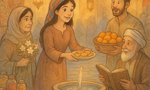 Leila, fată tânără (~14–16 ani) cu față blândă, ochi negri și păr lung prins cu o basmală colorată, zâmbește și întinde o farfurioară cu prăjituri spre mulțime; Fatima (~35 ani), vânzătoare de flori, ține un buchet de iasomie albă și roz, lângă Leila în stânga, cu privire emoționată; Omar (~30 ani), negustor de fructe, ține o coșcă de portocale și privește surprins și bucuroș la Fatima, în dreapta; Hakim, bătrân povestitor (~70 ani) cu barbă cenușie, stă pe un scăunel lângă fântână cu o carte veche deschisă și privește scena mândru; piața pietruită e înconjurată de tarabe colorate, covoare brodate, borcane cu condimente, felinare de cupru și o fântână de piatră cu apă sclipitoare, lumina crepusculară caldă dând reflexe aurii; Leila adună locuitorii la fântână pentru a împărți o prăjitură și a spune adevărul — fețele se înmoaie, norul întunecat se risipește, scenă de împăcare.