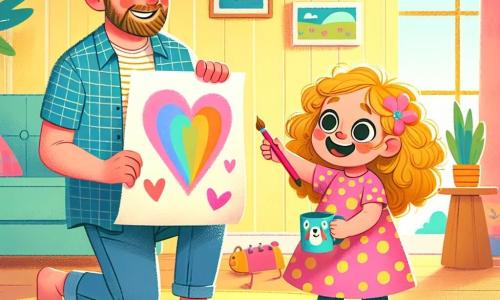 Ein 3-jähriges Mädchen namens Leni mit großen, leuchtenden Augen und lockigem, blondem Haar lächelt begeistert, während sie ein großes, buntes Papier hält, auf dem sie ein Herz gemalt hat. Sie trägt ein rosa gepunktetes Kleid und gelbe Sandalen und steht vor ihrem Papa. Ihr Papa, ein etwa 30-jähriger Mann mit braunen Haaren und einem leichten Bart, trägt ein blaues T-Shirt und eine Jeans und schaut Leni mit einem liebevollen Lächeln an, während er auf dem Sofa im Wohnzimmer sitzt. Das Wohnzimmer ist warm und einladend, mit pastellgelben Wänden, verstreuten Spielzeugen auf dem Boden und einem großen Fenster, das Sonnenlicht hereinlässt. Ein Holztisch ist mit ein paar Blumen in einer bunten Vase dekoriert. Die Hauptsituation zeigt Leni, die stolz ihr Bild ihrem Papa präsentiert, während er eine lustige Tasse in Form eines Hundes hält, die sie ihm zum Vatertag geschenkt hat. Liebe und Freude sind in ihren Gesichtern sichtbar und schaffen eine Atmosphäre des Familienglücks.