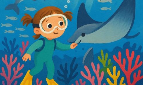 A 6-year-old girl with round eyes and light chestnut hair in two small pigtails, face amazed and smiling, wearing a turquoise wetsuit, floats underwater reaching to touch the fin of a large pearl-gray manta ray with blue highlights whose body language is curious and welcoming; a playful silver dolphin leaps in the background, multicolored coral branches sway, schools of silver fish shimmer, blue starfish rest on the sand, filtered sunbeams and bubbles rise as light patterns stripe the pale sand.