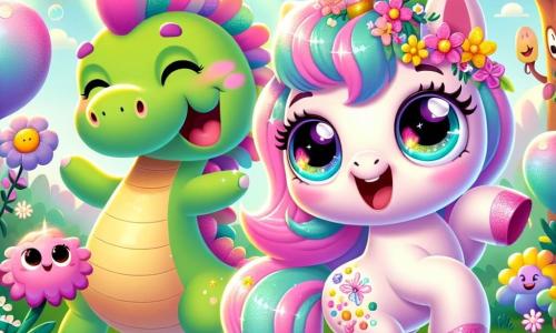 Al centro dell'immagine, una gioiosa unicorno di nome Lulù, con un morbido manto rosa pastello e un corno scintillante dai colori dell'arcobaleno, danza con entusiasmo. I suoi grandi occhi brillanti esprimono una gioia contagiosa, e la sua criniera ondulata è decorata con fiori colorati. Accanto a lei, un grande drago verde di nome Fumino, con un naso a forma di palloncino e squame luccicanti, ride soffiando bolle di fumo colorato. Il paesaggio è una radura incantata del Bosco delle Meraviglie, circondata da alberi con facce sorridenti e fiori giganti che sembrano danzare al ritmo della musica. La scena principale mostra Lulù e Fumino in festa, circondati da amici animali che danzano e cantano gioiosamente, mentre dolci colorati fluttuano attorno a loro, aggiungendo un tocco di fantasia a questo momento festivo.