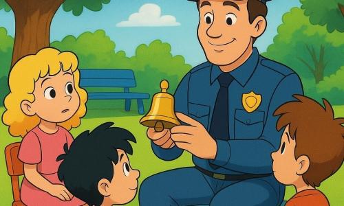 Miguel está sentado em uma cadeira colorida em um parque, vestindo um uniforme de policial e com um sorriso calmo e acolhedor. Ele segura um pequeno sino dourado nas mãos. Crianças de 6 a 10 anos estão sentadas em círculo ao seu redor em cadeiras coloridas. Uma menina de cabelos loiros e cacheados, usando um vestido rosa, observa Miguel com curiosidade. Um menino de cabelos negros e despenteados, vestindo uma camiseta verde, ouve atentamente. O parque é verdejante, com um grande carvalho ao fundo e um banco azul próximo. A atmosfera é tranquila e acolhedora, com raios de sol filtrando pelas folhas das árvores. Miguel conduz um círculo de conversa, criando um espaço de partilha e escuta acolhedora.