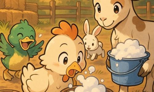 Una gallina llamada Pipa, alegre y curiosa, con plumas crema y un penacho naranja, abre el pico con gesto de sorpresa mientras toca con la punta del pico una espuma blanca; a la izquierda un pato pequeño y robusto llamado Paco, de plumaje verde y amarillo brillante, ríe moviendo las alas cerca de un barril de madera; a la derecha una cabra llamada Lola, más grande, de pelaje crema con manchas marrones, sostiene un cubo azul lleno de espuma y la mira con afecto; un conejo llamado Tico, pequeño, de largas orejas blancas, salta detrás de Pipa mirando la espuma; el escenario es un patio de granja al atardecer con suelo de tierra, algunos mechones de hierba, pacas de paja apiladas, una vieja valla de madera y flores amarillas; la escena muestra burbujas blancas estallando alrededor del pico de Pipa y los animales reaccionando con diversión, con ambiente colorido, rasgos redondeados y expresivos, tonos cálidos y contrastes suaves, fondo difuminado para centrar la atención en los personajes.