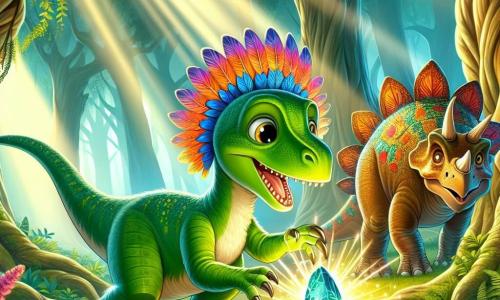 Um velociraptor com penas verdes brilhantes, com olhos cintilantes de curiosidade, está no centro da cena, sorrindo entusiasticamente ao descobrir um artefato antigo brilhante no chão. À sua direita, um tricerátopo sob uma majestosa árvore de carvalho, com um grande chapéu de folhas, observa com um ar intrigado, enquanto à sua esquerda, um estegossauro com placas dorsais coloridas se inclina para ver melhor, exibindo uma expressão de admiração. A cena se passa em uma floresta pré-histórica exuberante, onde árvores gigantes com troncos tortuosos se erguem em direção ao céu, e raios de sol penetram através da folhagem, iluminando o solo coberto de samambaias e flores coloridas. Na ilustração, o velociraptor toca o artefato antigo, desencadeando um brilho mágico que ilumina seu rosto de excitação, enquanto seus amigos o observam, prontos para viver uma aventura incrível.