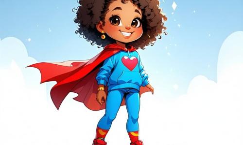 Super Lila, una niña sonriente con cabello rizado y una capa roja, está en su monopatín supersónico, con ojos brillantes de emoción y una gran sonrisa. Lleva un traje azul con un logo en forma de corazón y un calcetín en la cabeza, lo que añade un toque cómico. A su lado, el Capitán Galleta, un niño de unos 8 años con cabello rubio desordenado y una gran capa en forma de galleta, saluda con una mano y sostiene un plato de galletas en la otra, admirando a Super Lila. La escena tiene lugar en una calle soleada de un barrio colorido, con casas de colores pastel, árboles verdes y flores brillantes. Super Lila y el Capitán Galleta se preparan para enfrentar al Villano Patoso, que tropieza con sus enormes zapatos, dejando caer calcetines de colores. Lila ríe, lista para ayudar con su amigo.