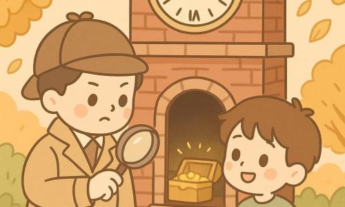 A male detective named Oliver stands in front of an old clock, with a focused and curious expression on his face. He wears a beige trench coat, a brown detective hat, and holds a magnifying glass in his right hand, carefully examining a clue. Next to him is a young boy named Tommy, about 10 years old, with brown hair and sparkling eyes, looking at Oliver with admiration while holding a crumpled piece of paper. The setting is an old red brick clock tower surrounded by greenery, with golden leaves falling from the surrounding trees. The setting sun illuminates the scene, creating a mysterious and warm atmosphere. The main situation shows Oliver and Tommy discovering a secret compartment in the tower, revealing a golden glint of hidden treasure as they exchange amazed glances.