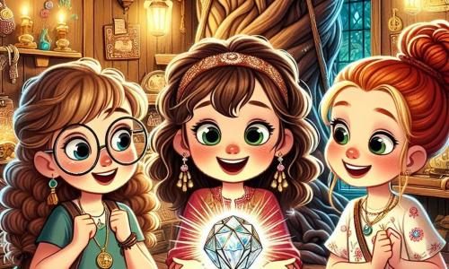 Three little girls, around 8 years old, stand in the center of a magical room. Lucy, with curly brown hair and round glasses, holds a sparkling compass in her hands, her eyes wide with wonder. To her right, Mia, with braided blonde hair, wears a colorful dress and smiles joyfully, arms open as if to embrace adventure. On the left, Ella, with her red hair in a bun and a floral-patterned t-shirt, looks around curiously, ready to explore.

Their environment is a secret room filled with sparkling treasures: shining gemstones, ancient maps on the walls, and mysterious gadgets on wooden shelves. In the background, a large tree with gnarled roots seems to extend through the wall, adding a touch of magic to the atmosphere.

The girls have just solved a series of mysteries to find the "Heart of Adventure," a glowing stone placed on a pedestal in the center of the room. They are surrounded by bright light, symbolizing their success and friendship, ready to embark on new adventures together.