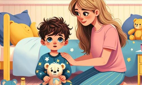 A 2-year-old boy with messy brown hair and big curious eyes is sitting on his bed, his face showing a hint of fear but also curiosity. He is wearing blue pajamas with white stars and is tightly holding his teddy bear, Mr. Teddy, who has a friendly smile and bright eyes. Next to him, his mother, a woman in her thirties with long blonde hair, is crouching down, gently holding his hand. She is wearing a pink t-shirt and comfortable pants, and her face radiates tenderness and reassurance. The scene takes place in Tommy's room, where the walls are painted a soft yellow, decorated with drawings of stars and clouds. A small moon-shaped nightlight emits a soft, warm glow, creating a soothing atmosphere. In this situation, Tommy, a bit anxious, looks around as his mother explains to him that the dark can be gentle and that the stars are his friends. The room is filled with colorful toys, and the atmosphere is calm and reassuring, ready for a good night's sleep.