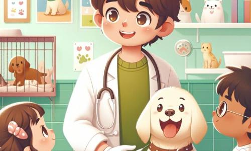 O personagem principal, um veterinário homem na casa dos trinta anos, tem cabelos castanhos bagunçados e usa um jaleco branco com estampas de patas de animais. Ele tem um sorriso caloroso e olhos brilhantes de entusiasmo enquanto examina um labrador alegre, chamado Max, medindo sua temperatura. Ao lado dele, Luísa, uma menina de 8 anos com cabelos cacheados e um sorriso bonito, observa atentamente o veterinário, segurando um pequeno caderno nas mãos, pronta para anotar tudo que aprende. Miguel, um menino de 9 anos com óculos redondos, está um pouco afastado, com os braços cruzados, com uma expressão curiosa e admirada, olhando o cachorro com fascínio. A cena acontece em uma clínica veterinária iluminada e acolhedora, com paredes pintadas de verde pastel e cartazes coloridos de animais pendurados. Gaiolas com animais fofos são visíveis ao fundo, e brinquedos para animais estão espalhados pelo chão. A situação principal mostra o veterinário fazendo um exame de saúde em Max, o labrador, enquanto as crianças, maravilhadas, aprendem a cuidar dos animais e descobrem a importância da medicina veterinária.