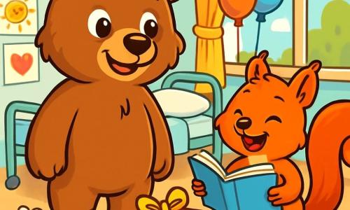 Ein junger Braunbär namens Benny, mit weichem Fell und glänzenden Augen, steht in der Mitte der Szene und zeigt einen Ausdruck von Neugier und Hoffnung. Er trägt einen kleinen Verband an einer Pfote, der seine kürzliche Krankheit symbolisiert, und schaut mit einem warmen Lächeln um sich. Neben ihm sitzt ein kleiner Eichhörnchen namens Sam, mit leuchtend rotem Fell und funkelnden Augen, auf einem Kissen, hält ein offenes Buch und lacht fröhlich, um Benny zu unterstützen. Im Hintergrund ist ein helles und einladendes Krankenhauszimmer mit bunten Zeichnungen und Ballons dekoriert, und die Fenster lassen Sonnenlicht herein. Die Hauptsituation zeigt Benny und Sam, die eine Überraschung für ihre Freunde vorbereiten, umgeben von Zeichnungen und kleinen Geschenken, was eine Atmosphäre von Kameradschaft und Freude schafft.