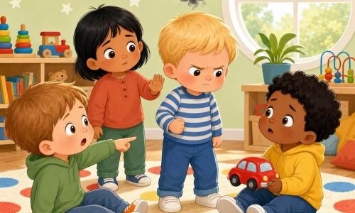 Er zijn vier kinderen: Sem, jongen van 2 jaar, huid licht, kort blond haar, rode wangen, staat in het midden van het tapijt met gebalde vuist en nors gezicht en kijkt naar de rode auto; Ravi, jongen van 2 jaar, donkerder huid, kort krullend zwart haar, zit rechts van Sem, houdt een kleine rode auto vast en kijkt verrast naar Sem; Milan, jongen van 2 jaar, bleke huid met sproeten, lichtbruin haar, zit links van Sem en wijst naar hem; Noor, jongen van 2 jaar, olijfkleurige huid, steil zwart haar, staat iets links achter Sem, kijkt zacht en heft een hand alsof hij troost. Locatie: lichte speelkamer met groot zacht tapijt met gekleurde stippen, lage plank met houten speelgoed, grote ronde raam met ochtendlicht en lichtgroene muren met witte sterren. Situatie: eenvoudige, duidelijke scène—Sem is boos omdat Ravi de rode auto pakte; Sem heeft rode wangen en een compacte gestileerde donkere wolk boven zijn hoofd, Ravi houdt de auto vast en ziet er bezorgd uit, Milan wijst en Noor probeert te kalmeren. Stijl: vectorieel, felle kleuren, ronde vormen, duidelijke lijnen en begrijpelijke, empathische gezichtsuitdrukkingen voor 2‑jarigen.