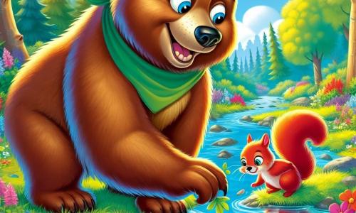 Un gran oso pardo, llamado Bruno, está al borde de un arroyo brillante, con los ojos brillando de emoción y una gran sonrisa en su rostro. Su pelaje es suave y sedoso, y lleva una pequeña bufanda verde alrededor del cuello, símbolo de su amor por la naturaleza. A su lado, una pequeña ardilla roja, Sara, trepa por una rama baja, con los ojos chispeantes de alegría. Sostiene una nuez en sus pequeñas patas y parece lista para compartir su tesoro con Bruno. El escenario es una hermosa claridad del bosque, rodeada de árboles majestuosos con hojas de un verde brillante, y flores coloridas que bailan al viento. El arroyo, con aguas cristalinas, refleja el cielo azul y los rayos del sol que atraviesan las ramas. Bruno y Sara están limpiando el arroyo, recogiendo basura para proteger su hábitat. La atmósfera está llena de vida y esperanza, ilustrando la importancia de preservar la naturaleza.