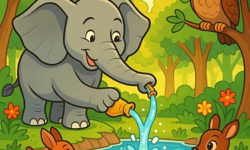 Un elefante maestoso di nome Ettore, con la pelle grigia e grandi orecchie, si trova accanto a una fonte d'acqua cristallina, il suo sguardo determinato e benevolo. Versa delicatamente acqua magica nella fonte, un sorriso caloroso illumina il suo viso. Accanto a lui, un saggio gufo dalle piume brune e dai grandi occhi tondi osserva attentamente, posato su un ramo, pronto a dare consigli. Sullo sfondo, una foresta lussureggiante con alberi verdi dalle foglie lucenti e fiori colorati, bagnata dalla luce dorata del sole, crea un'atmosfera pacifica. La scena mostra Ettore mentre purifica l'acqua, circondato da animali curiosi che si avvicinano, i loro occhi brillanti di speranza e meraviglia.