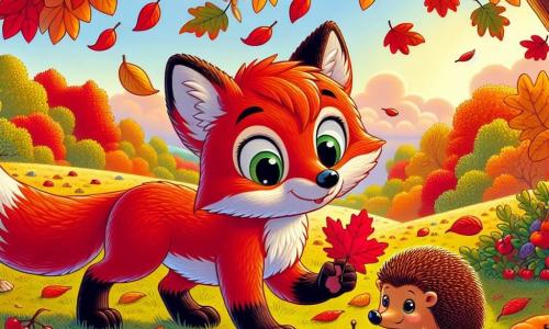 Ein junger, leuchtend roter Fuchs mit großen, neugierigen Augen und einem erstaunten Ausdruck steht inmitten eines Feldes, das mit bunten Herbstblättern in Orange, Gelb und Rot bedeckt ist. Er beobachtet aufmerksam einen kleinen Igel mit einem stacheligen, braunen Rücken und einem lächelnden Gesicht, der gerade dabei ist, Blätter für sein Nest zu sammeln, direkt neben einem majestätischen Baum mit fruchtbeladenen Ästen. Die Szene zeigt den Fuchs und den Igel, die fröhlich zusammenarbeiten, während der Fuchs ein buntes Blatt in seiner Pfote hält, bereit, seinem Freund zu helfen, sein Nest für den Winter zu dekorieren.